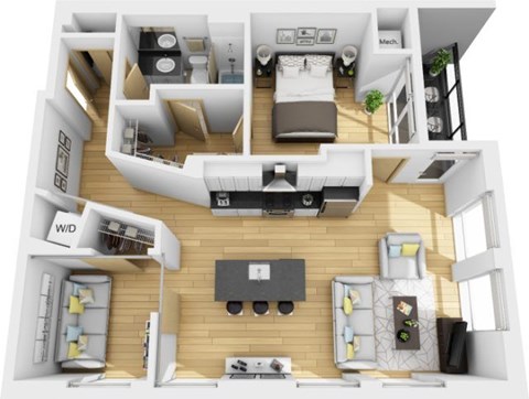 Floor plan for 2 beds, 1 bath, 801 sqft