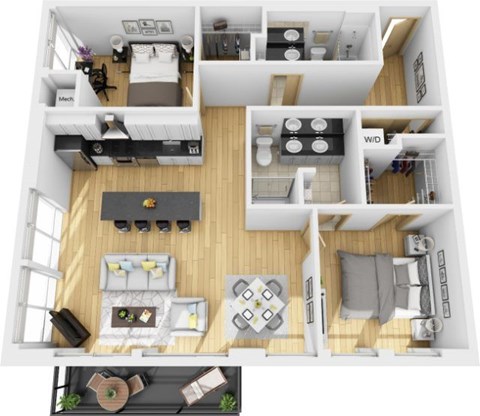Floor plan for 2 beds, 2 baths, 1089 sqft