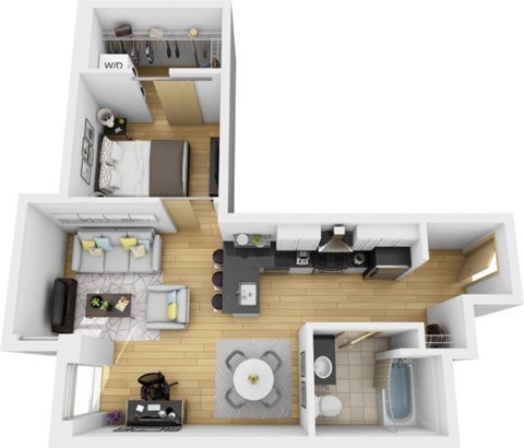 Floor plan for 1 bed, 1 bath, 605 sqft