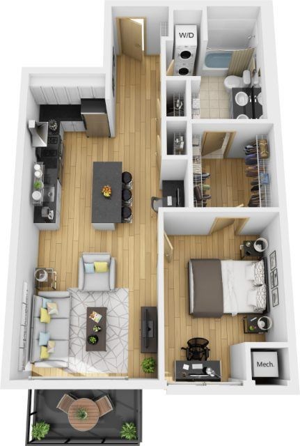 Floor plan for 1 bed, 1 bath, 726 sqft