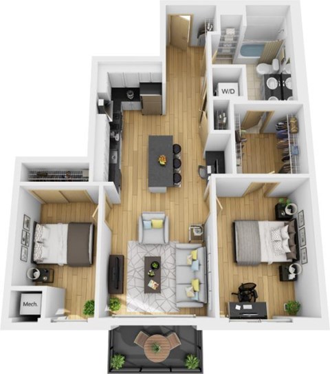 Floor plan for 2 beds, 1 bath, 840 sqft