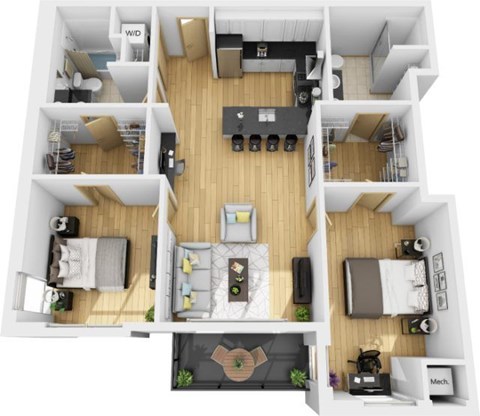 Floor plan for 2 beds, 2 baths, 1038 sqft