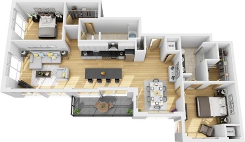 Floor plan for 2 beds, 2 baths, 1211 sqft