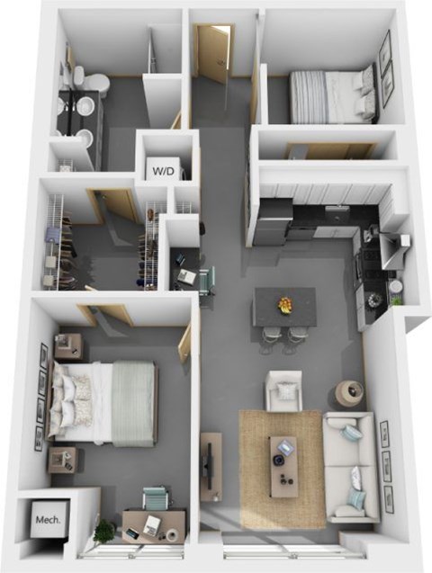 Floor plan for 2 beds, 1 bath, 831 sqft