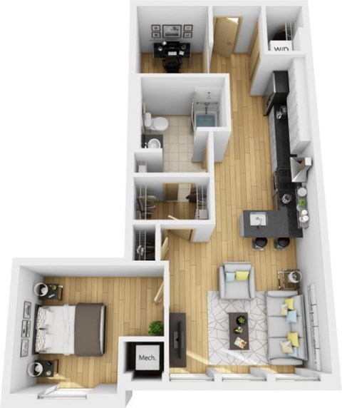 Floor plan for 1 bed, 1 bath, 699 sqft