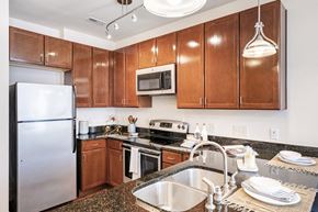 Charlotte apartment for rent - a kitchen with stainless steel appliances and wooden cabinets  at Park and Kingston, Charlotte, North Carolina