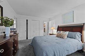 Towson apartment for rent - A bedroom with a large bed and a dresser with a plant on top.