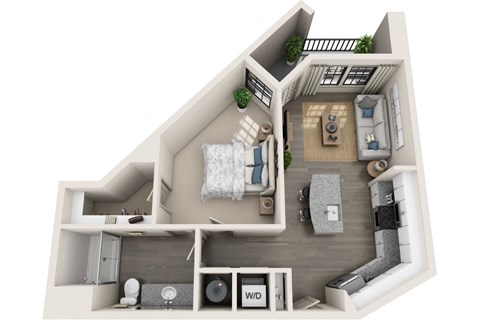 Floor plan for 1 bed, 1 bath, 728 sqft