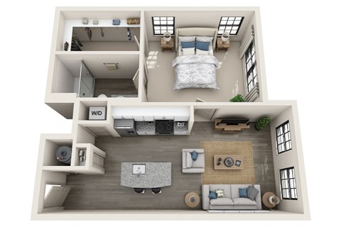 Floor plan for 1 bed, 1 bath, 679 sqft