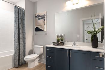 A bathroom with a toilet sink and a shower and a mirror
