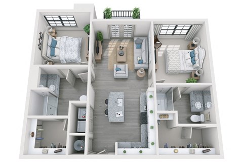 Floor plan for 2 beds, 2 baths, 1038 sqft