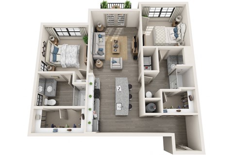 Floor plan for 2 beds, 2 baths, 1136 sqft