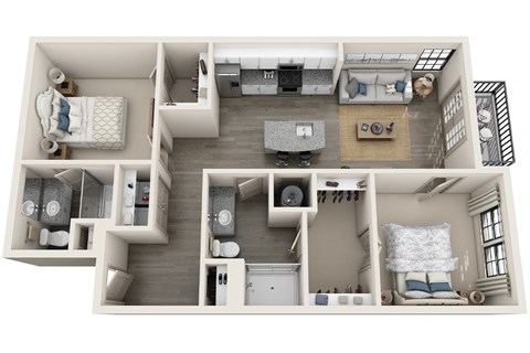 Floor plan for 2 beds, 2 baths, 1069 sqft