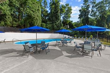 A group of tables with umbrellas and chairs around a pool