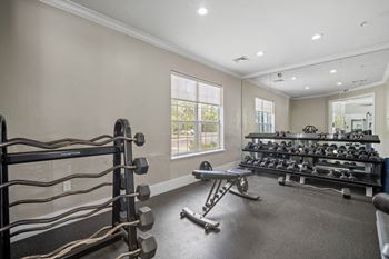 A well-lit home gym with a variety of equipment.