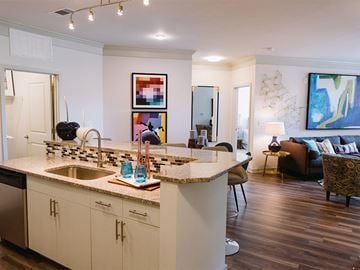 Charlotte apartment for rent - a kitchen with a counter top and a living room with a couch