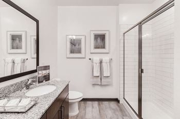 A bathroom with a shower