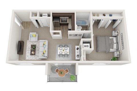 Floor plan for 1 bed, 1 bath, 645 sqft