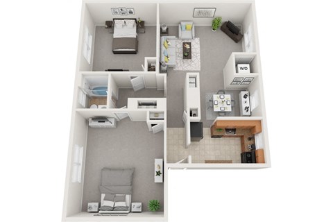 Floor plan for 2 beds, 1 bath, 883 sqft