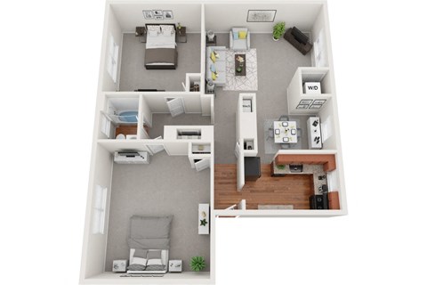 Floor plan for 2 beds, 1 bath, 883 sqft
