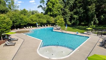 A swimming pool with chairs and umbrellas in a park-like setting with trees