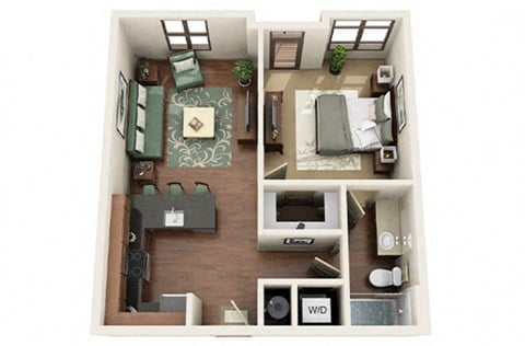 Floor plan for 1 bed, 1 bath, 664 sqft