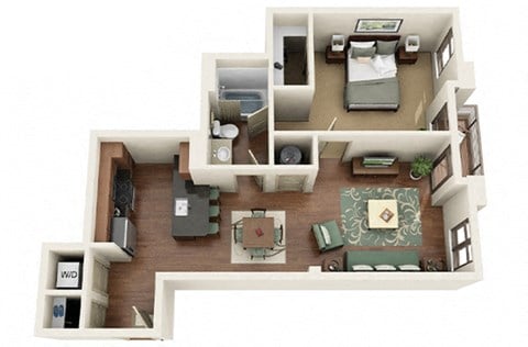 Floor plan for 1 bed, 1 bath, 726 sqft