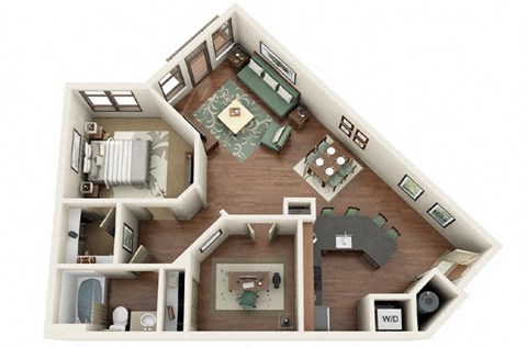 Floor plan for 1 bed, 1 bath, 882 sqft
