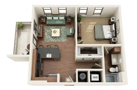 Floor plan for 1 bed, 1 bath, 689 sqft