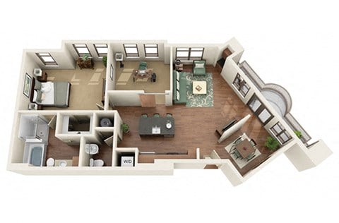 Floor plan for 1 bed, 1.5 baths, 1091 sqft
