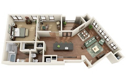 Floor plan for 1 bed, 1.5 baths, 1121 sqft