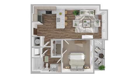 Floor plan for 1 bed, 1 bath, 741 sqft