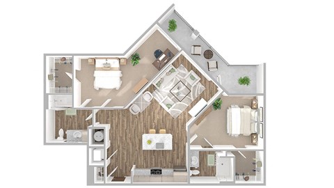 Floor plan for 2 beds, 2 baths, 1227 sqft