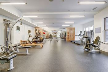 A spacious gym with a variety of equipment.