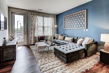 Davidson apartment for rent - A living room with a dark brown sofa and a tufted ottoman.