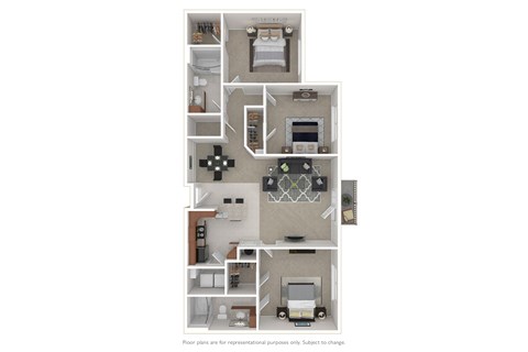 Floor plan for 3 beds, 2 baths, 1275 sqft