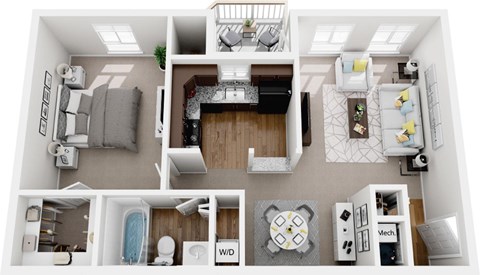 Floor plan for 1 bed, 1 bath, 670 sqft