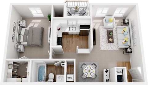 Floor plan for 1 bed, 1 bath, 670 sqft