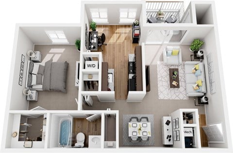 Floor plan for 1 bed, 1 bath, 750 sqft