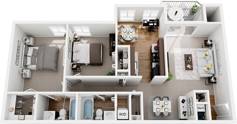 Floor plan for 2 beds, 2 baths, 975 sqft
