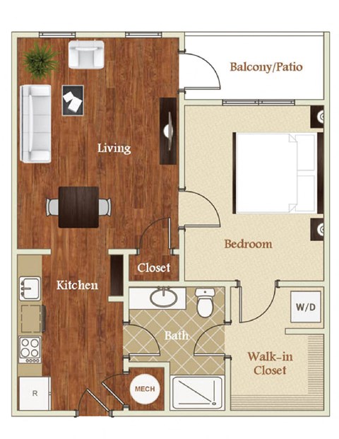 Floor plan for 1 bed, 1 bath, 680 sqft