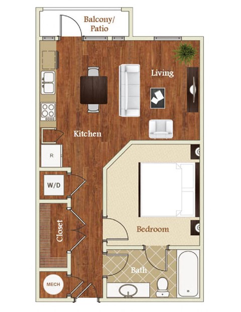 Floor plan for 1 bed, 1 bath, 687 sqft