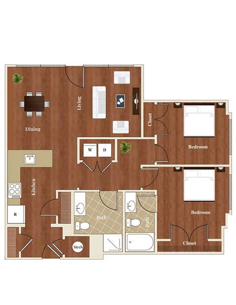 Floor plan for 2 beds, 2 baths, 1107 sqft