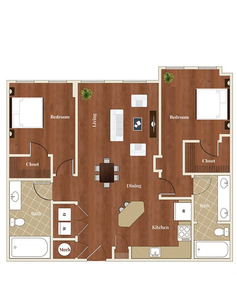 Floor plan for 2 beds, 2 baths, 1148 sqft