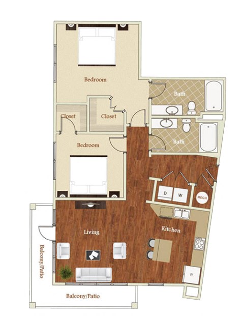 Floor plan for 2 beds, 2 baths, 1152 sqft