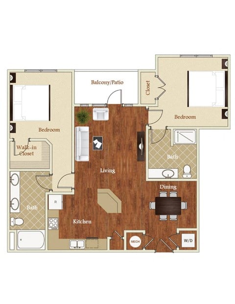 Floor plan for 2 beds, 2 baths, 1160 sqft