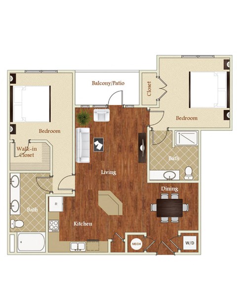Floor plan for 2 beds, 2 baths, 1160 sqft