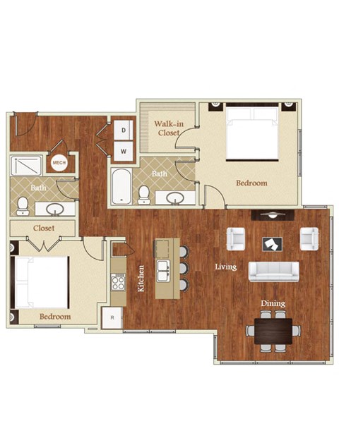 Floor plan for 2 beds, 2 baths, 1233 sqft