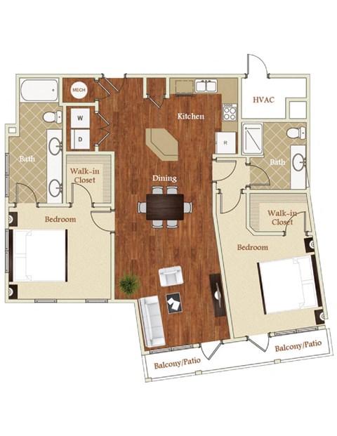 Floor plan for 2 beds, 2 baths, 1250 sqft