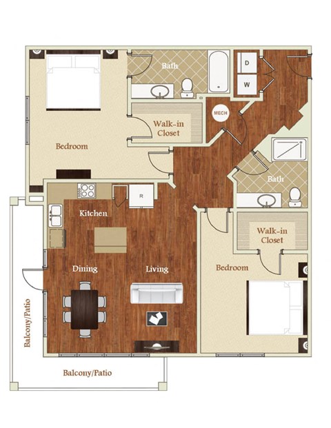 Floor plan for 2 beds, 2 baths, 1301 sqft